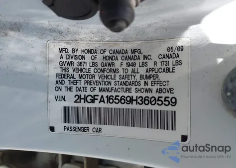2009 Honda Civic Lx z USA, uszkodzony, nr VIN 2HGFA16569H360559